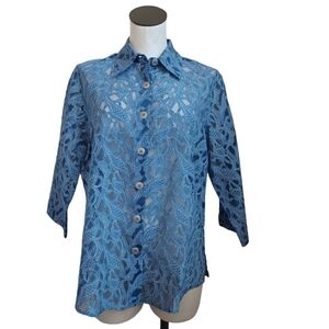 Drapers & Damon's Blouse Blue Semi Sheer‎ Floral Button Up Womens size Medium